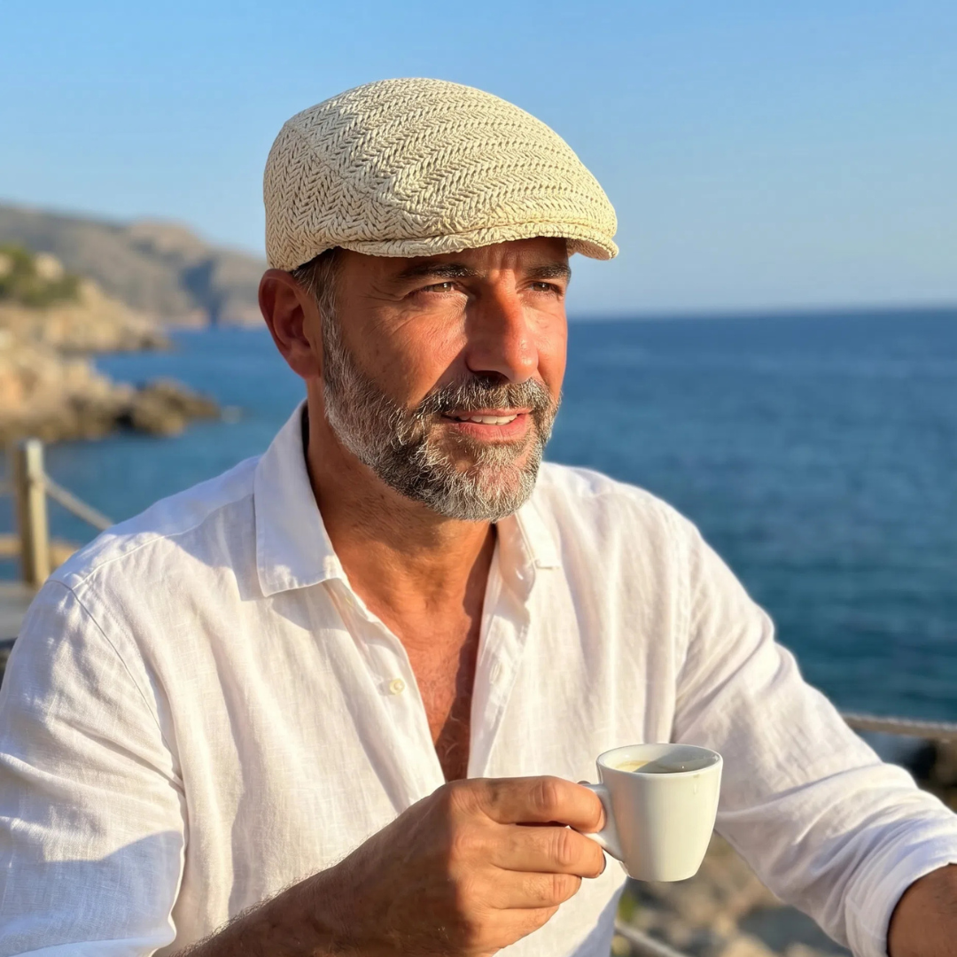 De Silas flatcap in beige, gepresenteerd op een houten tafel, wat de natuurlijke materialen en de zomerse sfeer benadrukt.