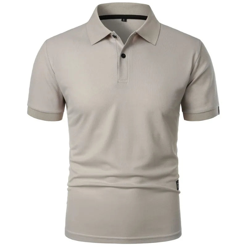 Close-up van de kraag van een grijs Floris poloshirt, waaruit de kreukvrije kwaliteit duidelijk blijkt.