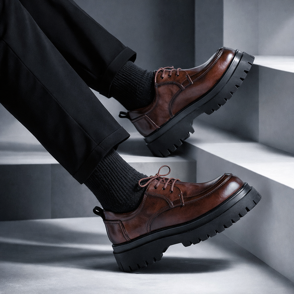 Zwarte leren derbyschoenen schuin van bovenaf, details van het gestructureerde bovenwerk zichtbaar.