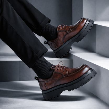 Zwarte leren derbyschoenen schuin van bovenaf, details van het gestructureerde bovenwerk zichtbaar.