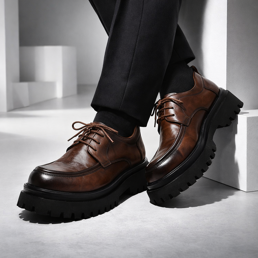 Close-up van de veters en het gladde leer van de Gideon derbyschoenen.