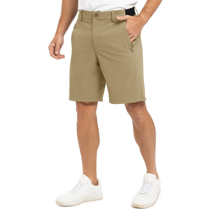 Khaki Gideon functionele stretch golfshorts, gedetailleerd close-up van de stof textuur en het stretchvermogen