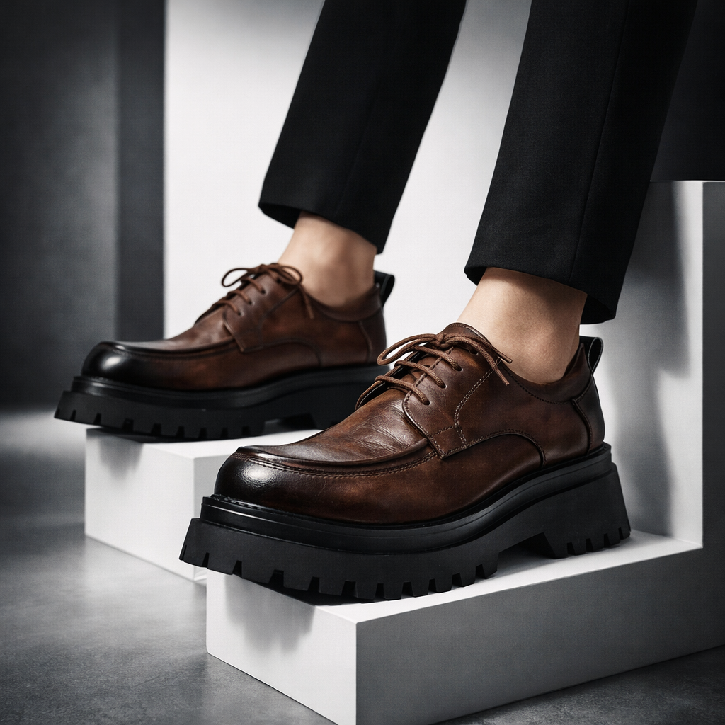 Zwarte leren derbyschoenen van opzij, met focus op de dikke, gebeeldhouwde zool.