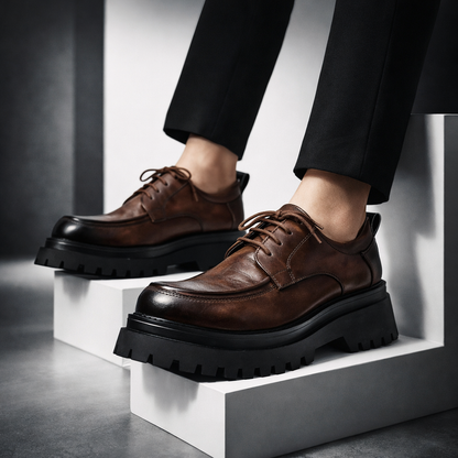 Zwarte leren derbyschoenen van opzij, met focus op de dikke, gebeeldhouwde zool.
