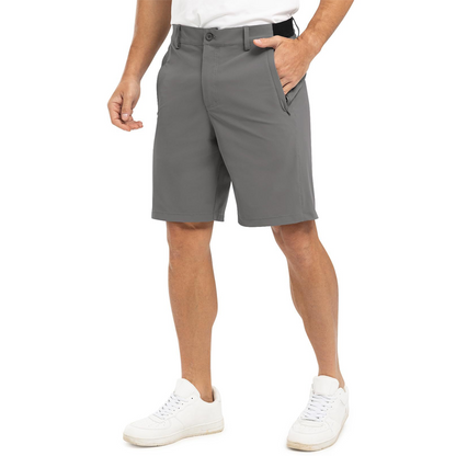 Grijze Gideon functionele stretch golfshorts, vooraanzicht, met een heldere focus op de comfortabele tailleband