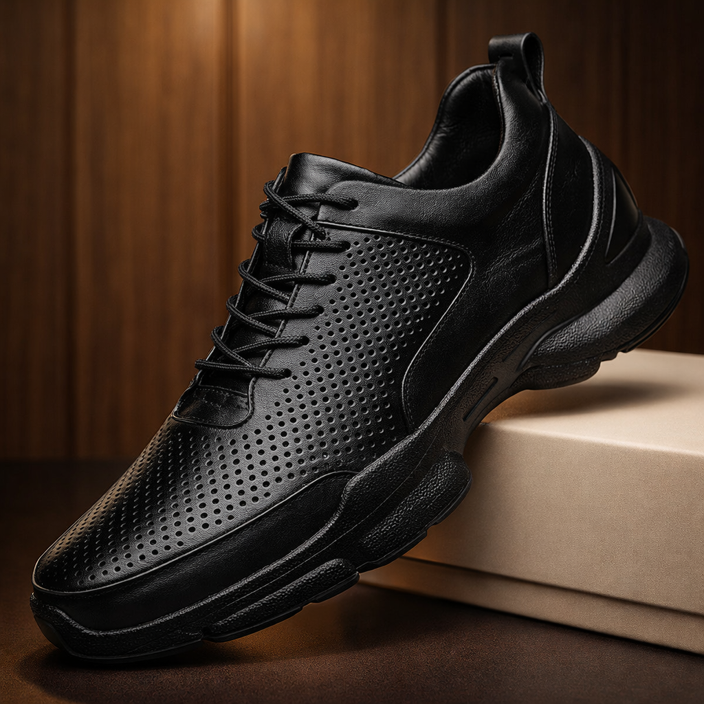 Bovenaanzicht van een paar Gideon klassieke schoenen, de ergonomisch gedempte zool is subtiel zichtbaar.