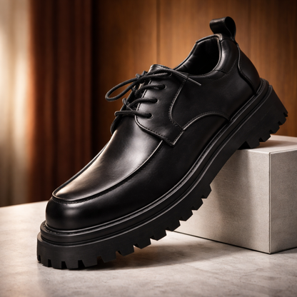 De achterkant van de zwarte leren derbyschoenen, met de hiel en zoolprofiel.
