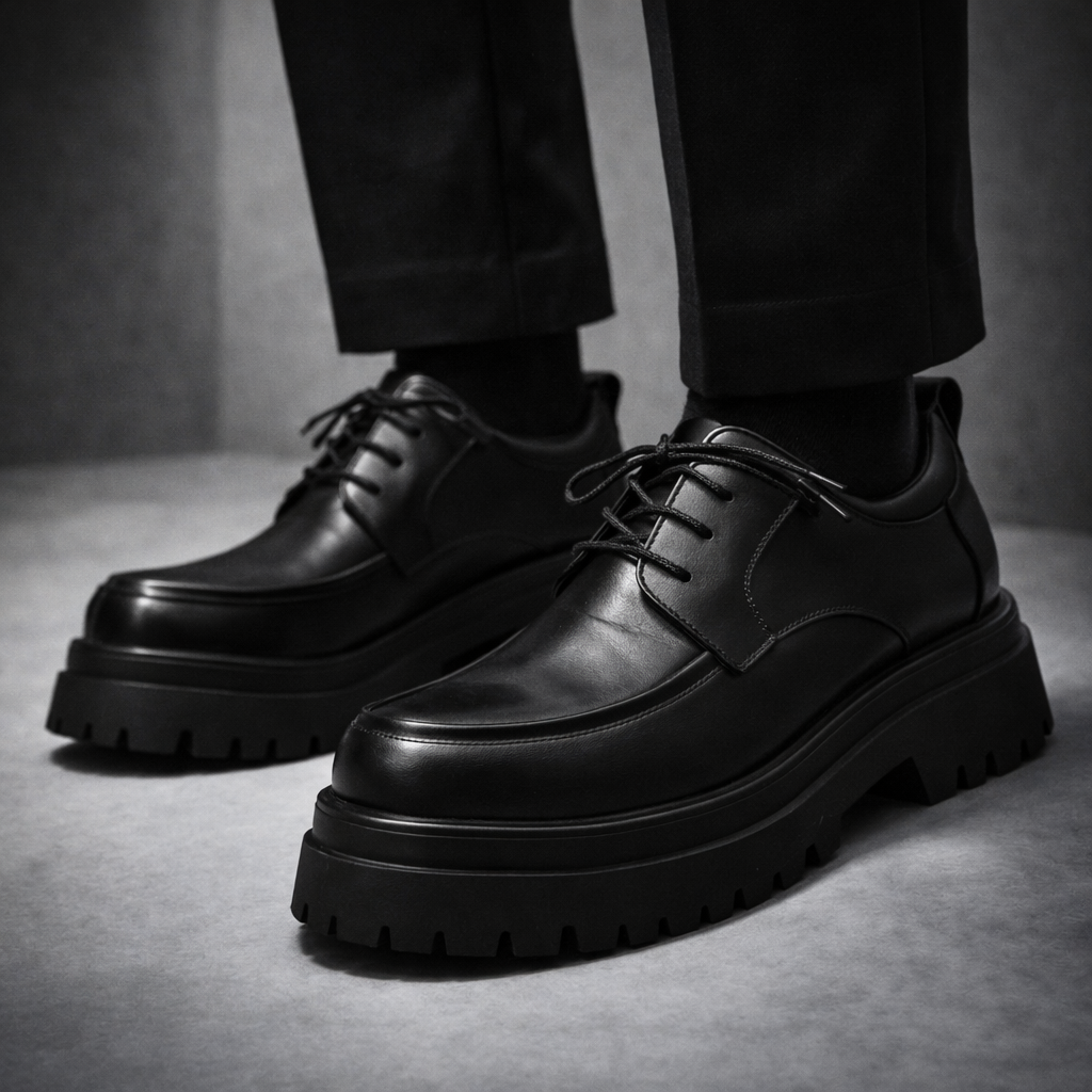 Een paar bruine leren derbyschoenen op een lichte achtergrond, elegant en klassiek.