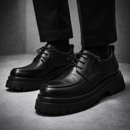 Een paar bruine leren derbyschoenen op een lichte achtergrond, elegant en klassiek.