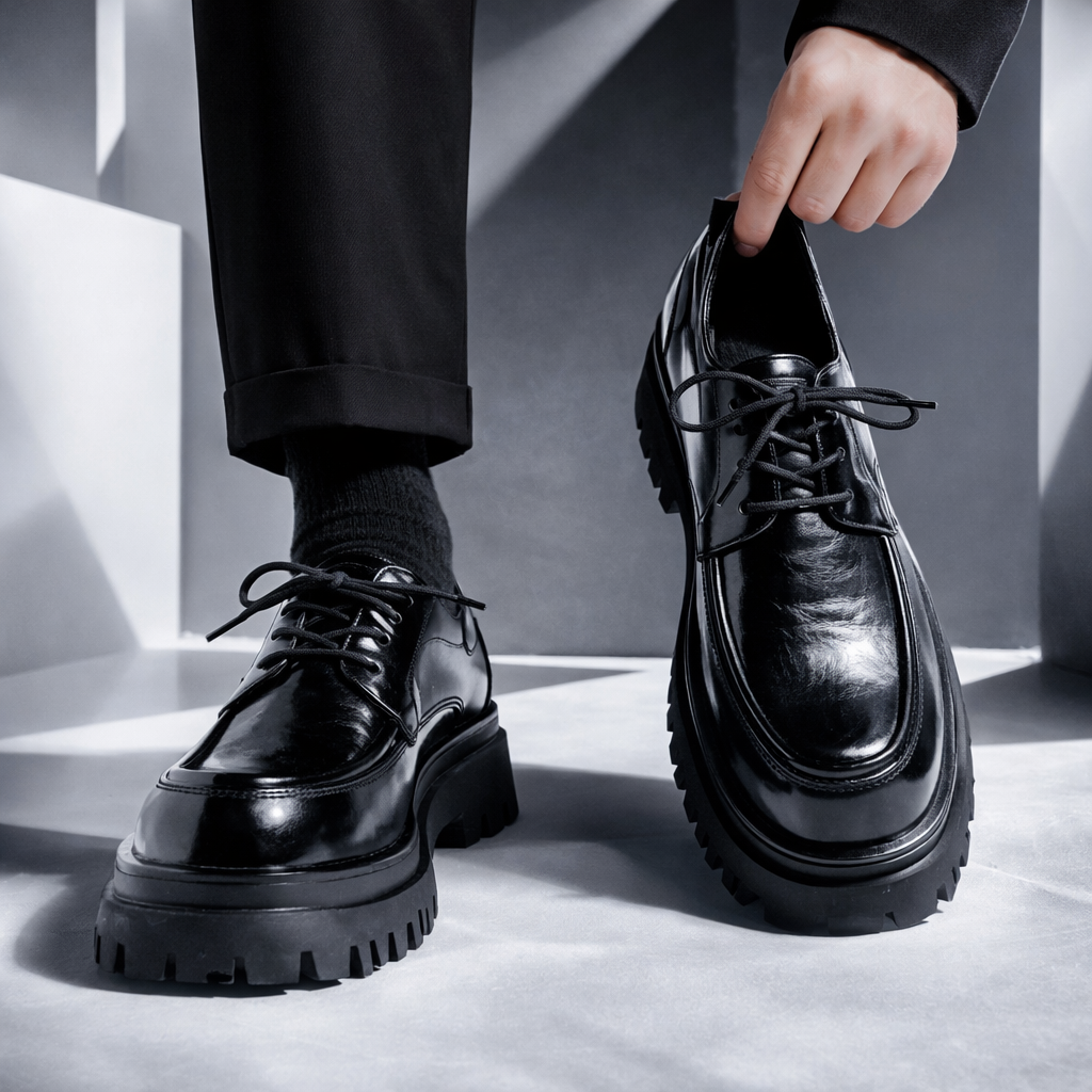 Een man die de bruine leren derbyschoenen draagt, gecombineerd met een nette pantalon, voor een complete look.