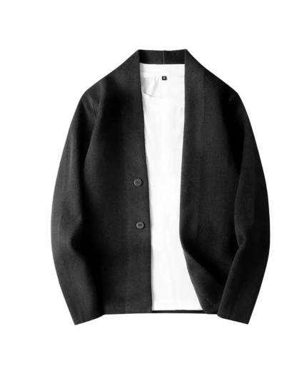 Man draagt de zwarte casual jas in een stedelijke omgeving, perfect voor een smart-casual look.