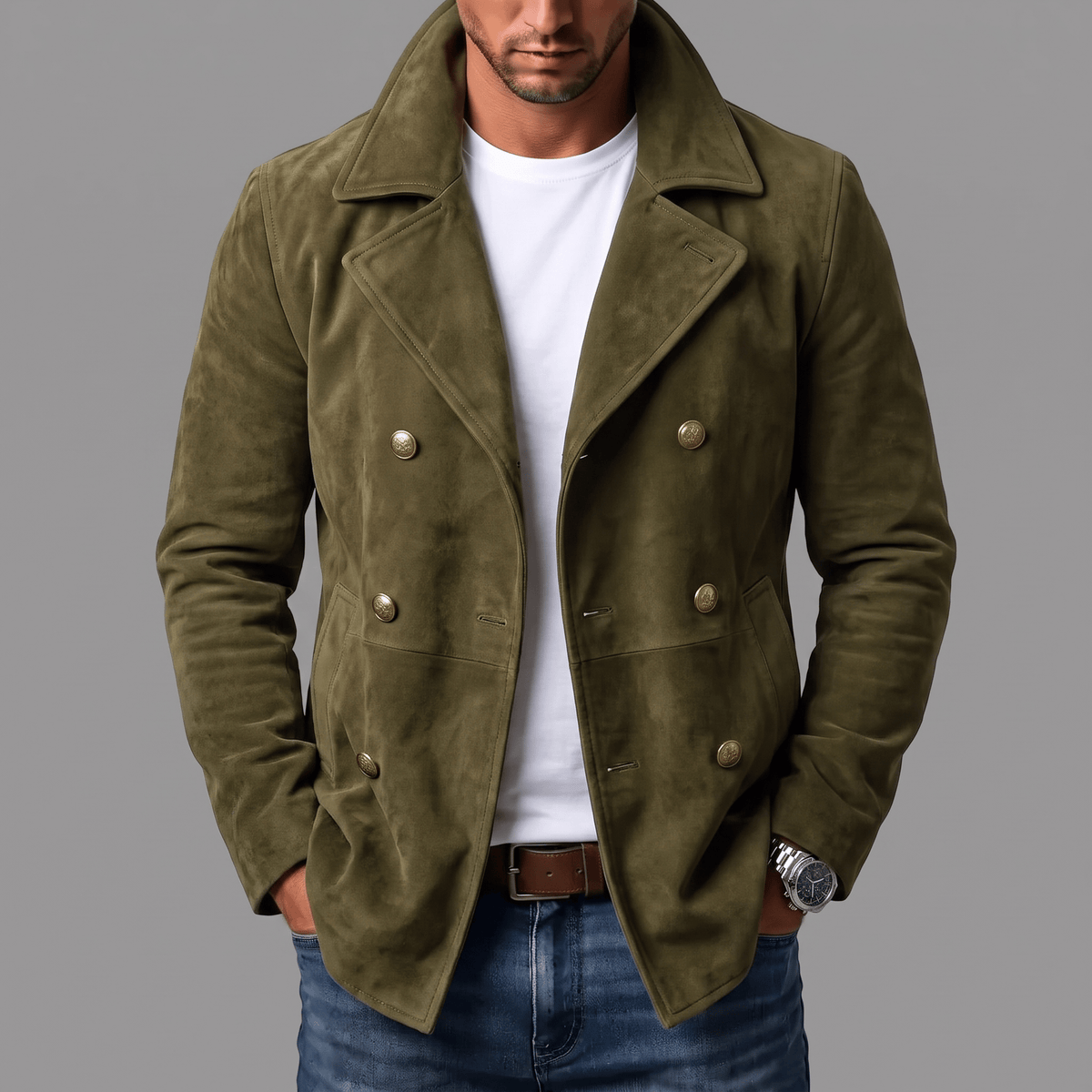 De elegante herenjas gedragen in een stedelijke omgeving, perfect voor zowel dagelijks gebruik als avondkleding.