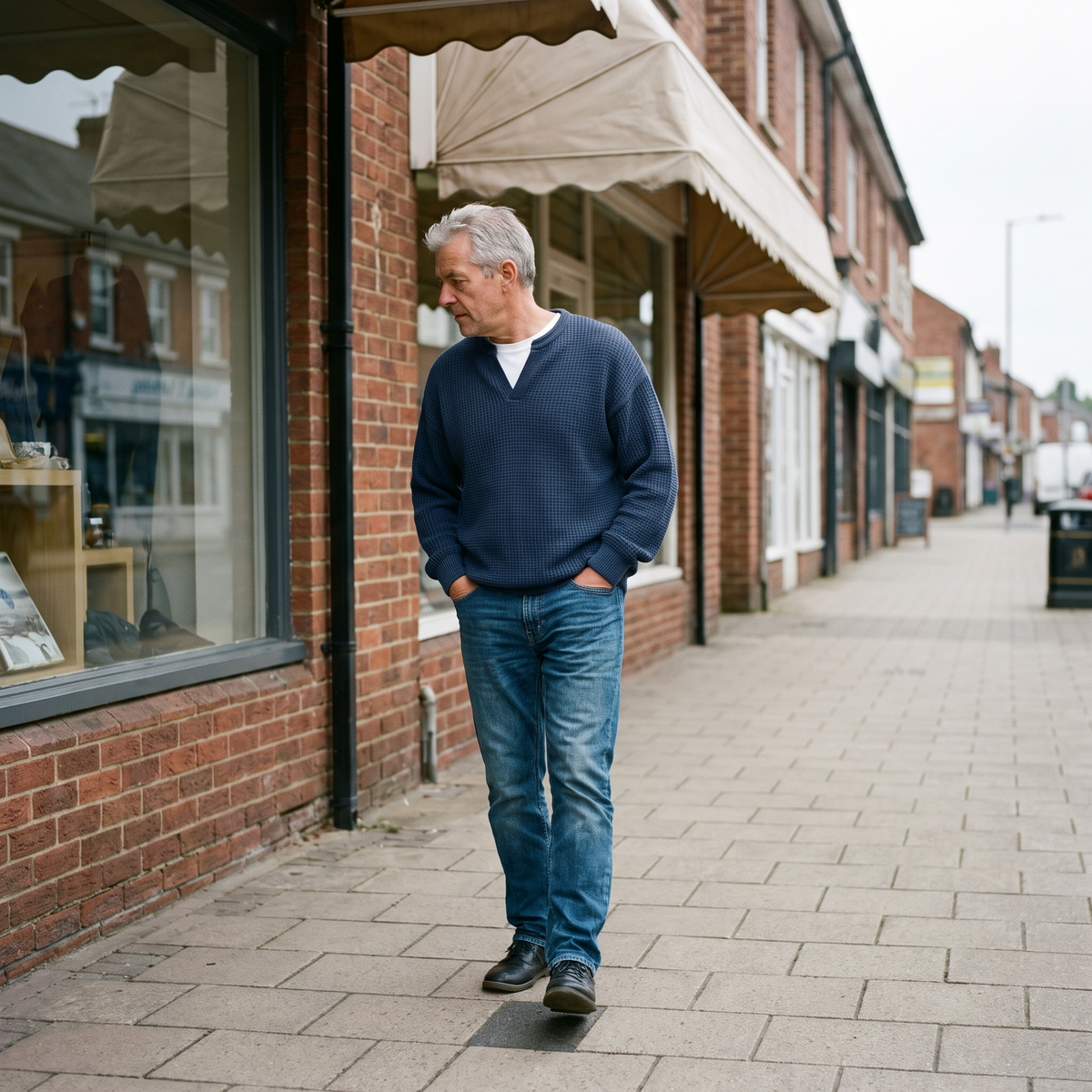 Stapel van diverse kleuren Rinus heren sweaters, waaronder grijs en zwart, op een plank in een winkel.