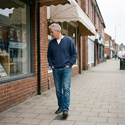 Stapel van diverse kleuren Rinus heren sweaters, waaronder grijs en zwart, op een plank in een winkel.