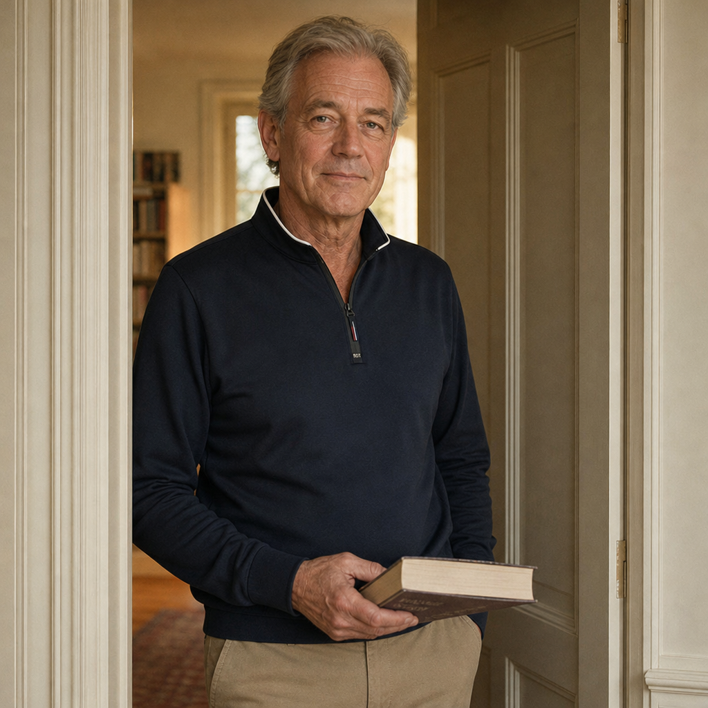 Achterkant van het zwarte Kester poloshirt met lange mouwen, gedragen door een man, toont de pasvorm.