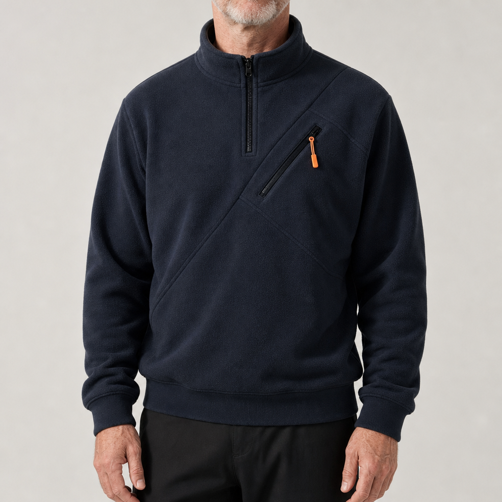 Close-up van de geribde manchet en zoom van de olijfgroene sweater, voor een perfecte pasvorm.
