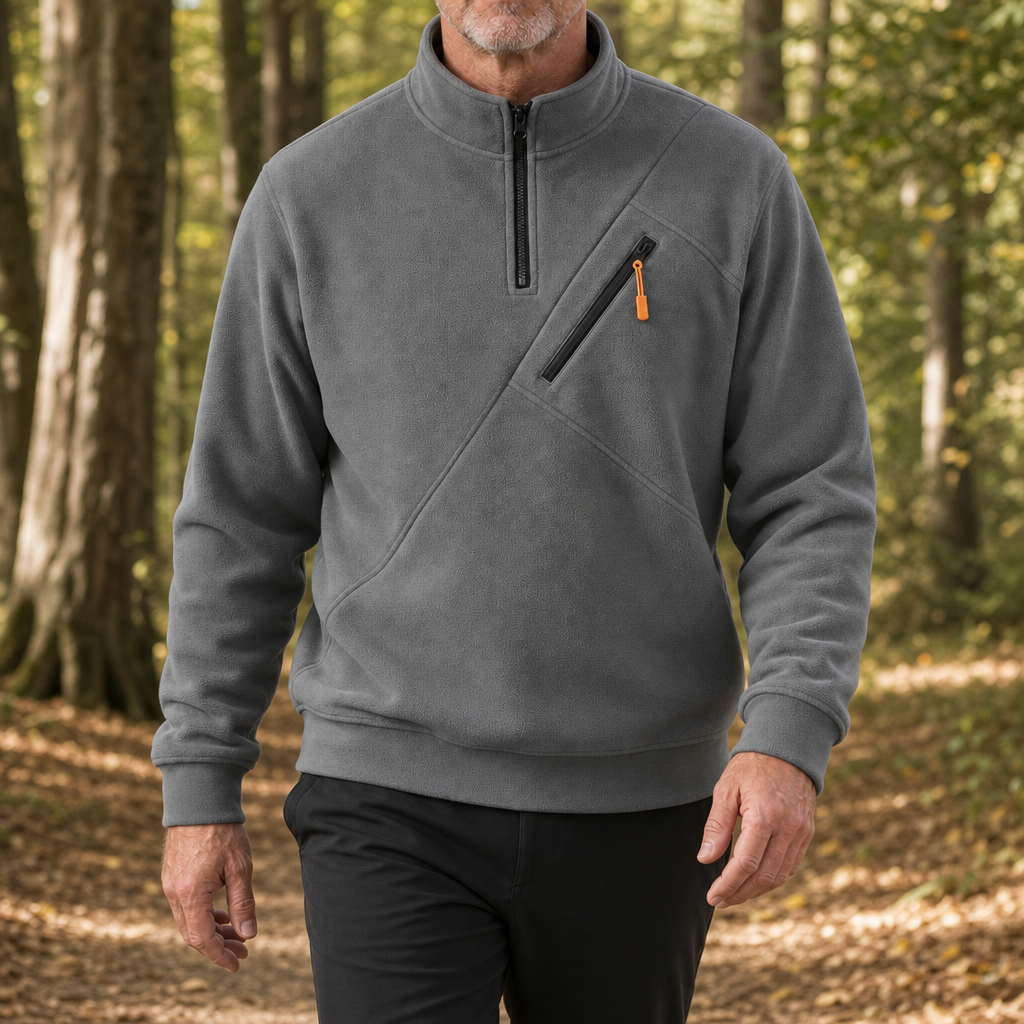 De achterkant van de marineblauwe sweater, minimalistisch en comfortabel, ideaal voor dagelijks gebruik.