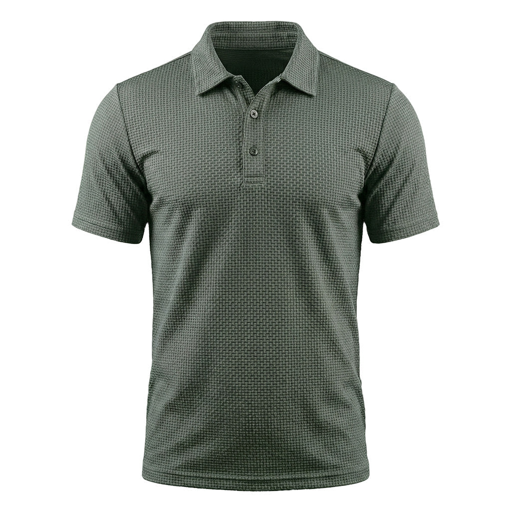 Zijaanzicht van het Jorin herenpoloshirt in Salbei Grün, de stof valt soepel