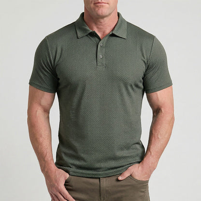 Close-up van de ademende stof van het Jorin herenpoloshirt in Salbei Grün