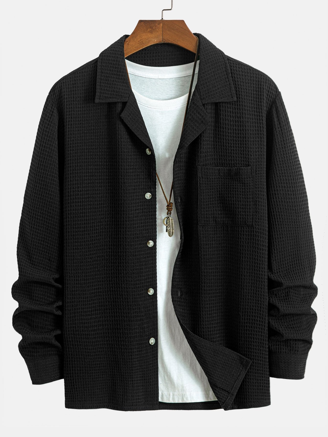 Langarm Wafel Cuban Collar Shirt