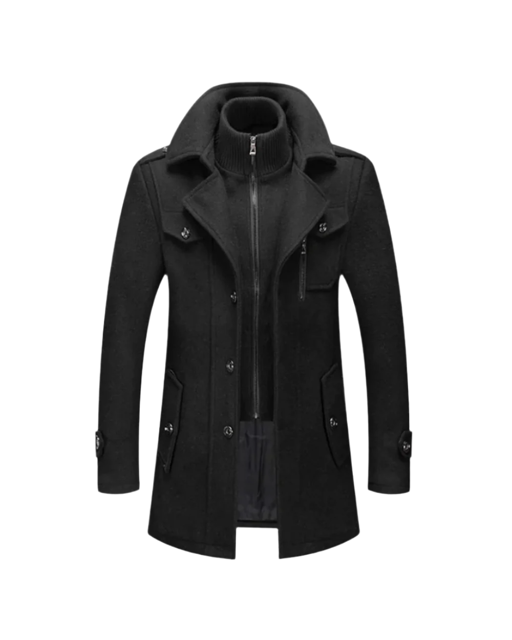 Vooraanzicht van de Jurgen elegante winterjas in zwart, met klassieke knoopsluiting en getailleerde pasvorm.