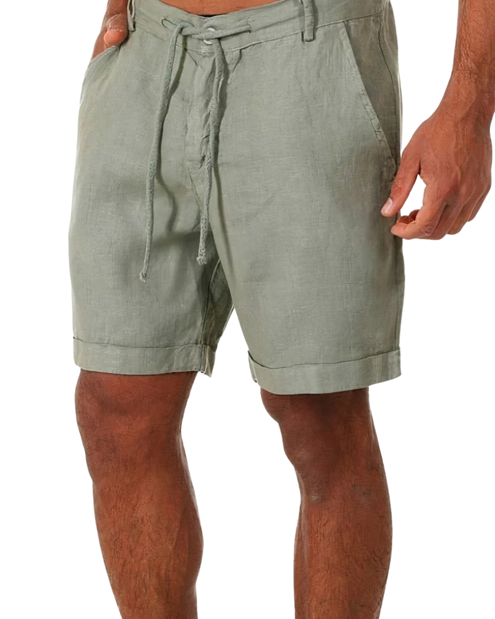 Vooraanzicht van de Kyan linnen korte broeken in beige, liggend op een lichte ondergrond.
