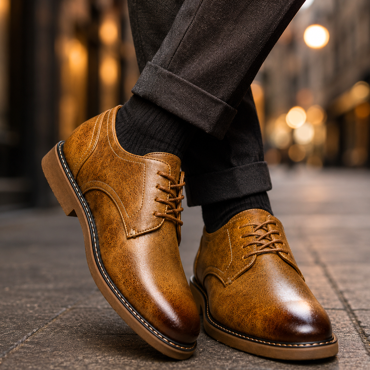 De Leon geklede schoenen in khaki, gepresenteerd op een witte achtergrond, met de nadruk op de kleur en het design.