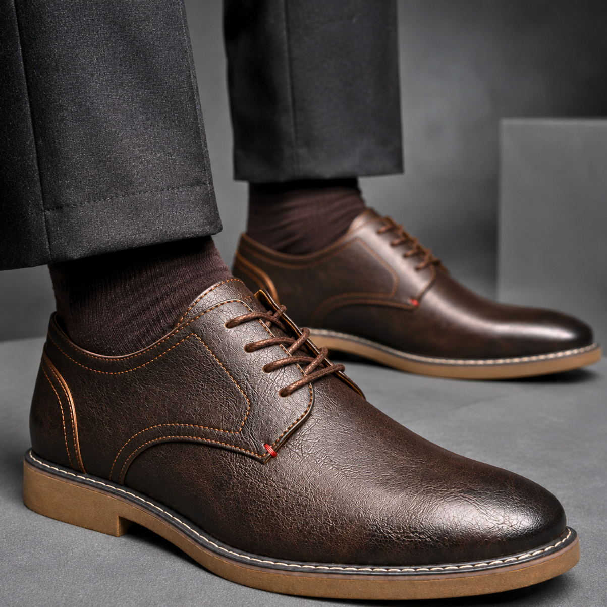 De Leon geklede schoenen in bruin, gestyled met een pantalon, wat de geschiktheid voor formele gelegenheden aangeeft.