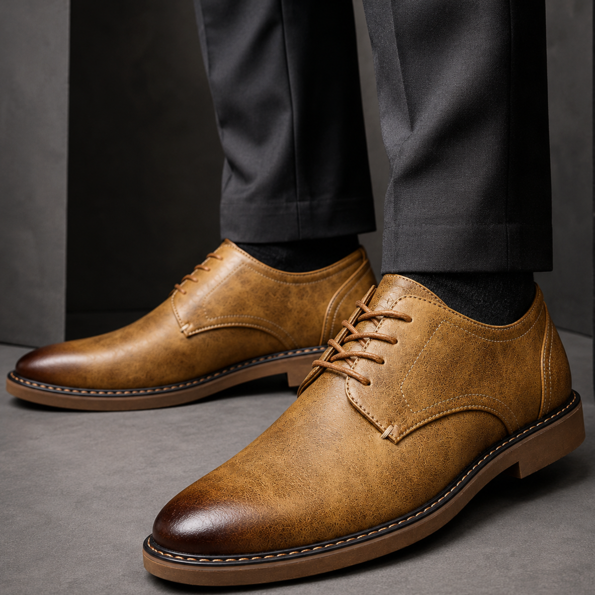 De Leon geklede schoenen in khaki, liggend naast elkaar op een houten vloer, benadrukkend de casual elegantie.