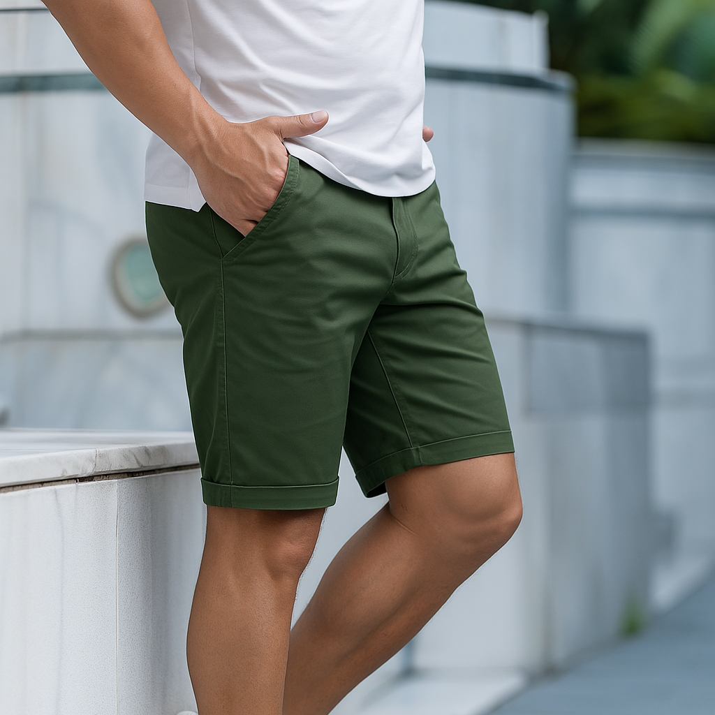 De Loris shorts in een olijfgroene kleur, gecombineerd met een wit overhemd voor een frisse zomerlook.