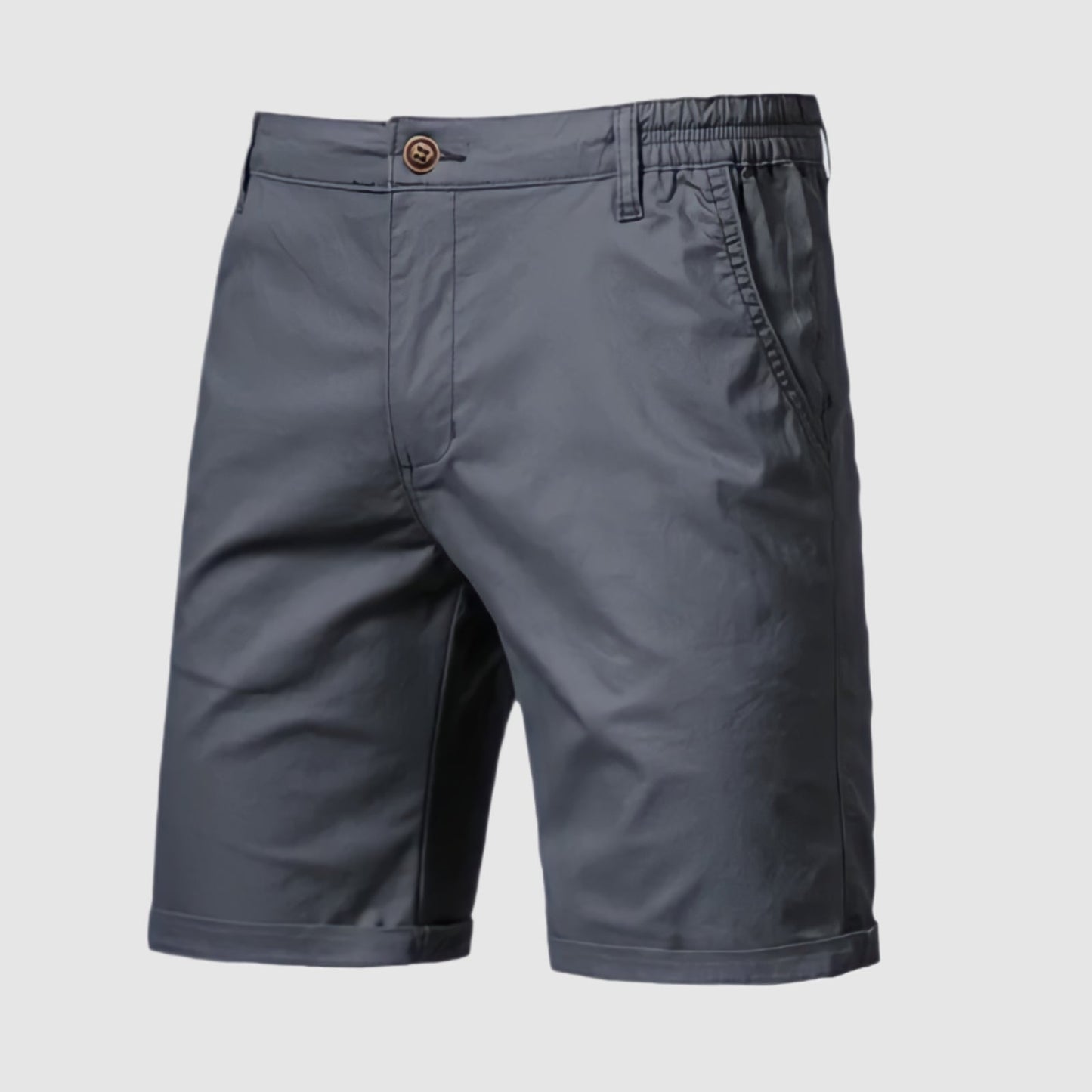 Close-up van de knoop- en ritssluiting van de Loris herenshorts, met aandacht voor de kwaliteitsdetails.