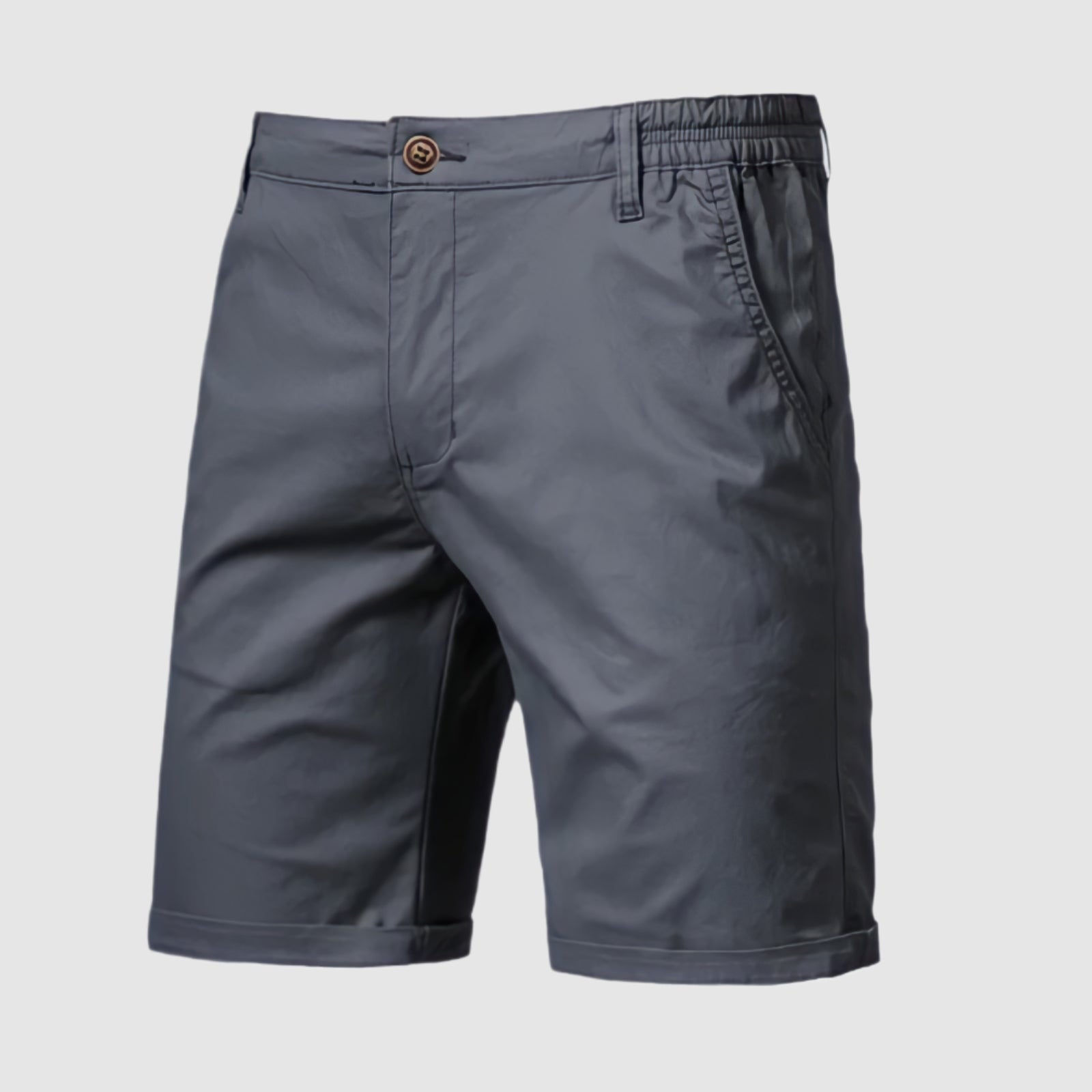 Close-up van de knoop- en ritssluiting van de Loris herenshorts, met aandacht voor de kwaliteitsdetails.