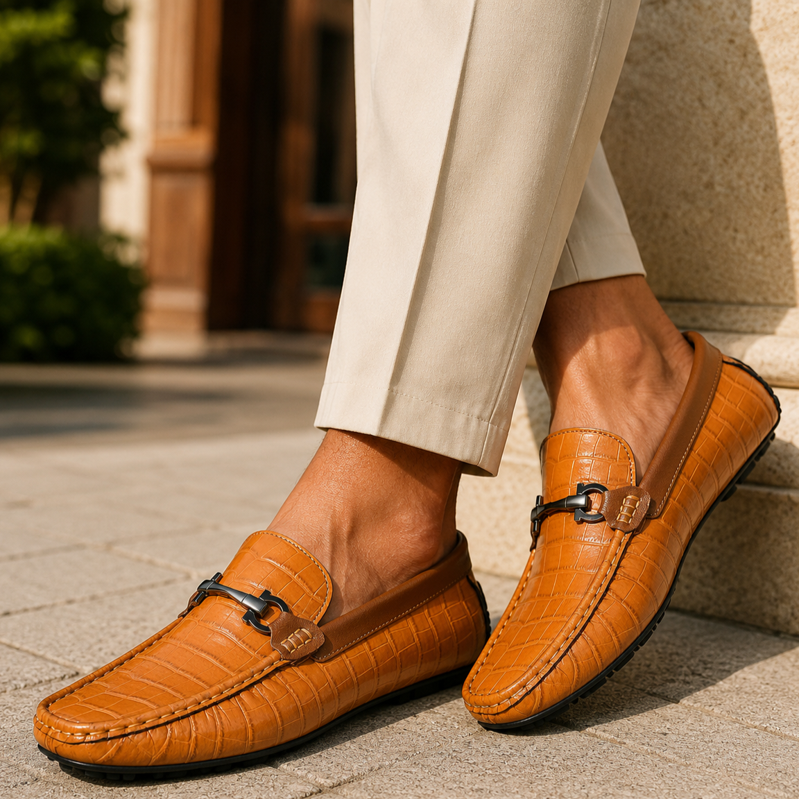 Close-up van de voorkant van de Lukas zwarte leren loafers, met zicht op de handgestikte naden en het gladde leer.