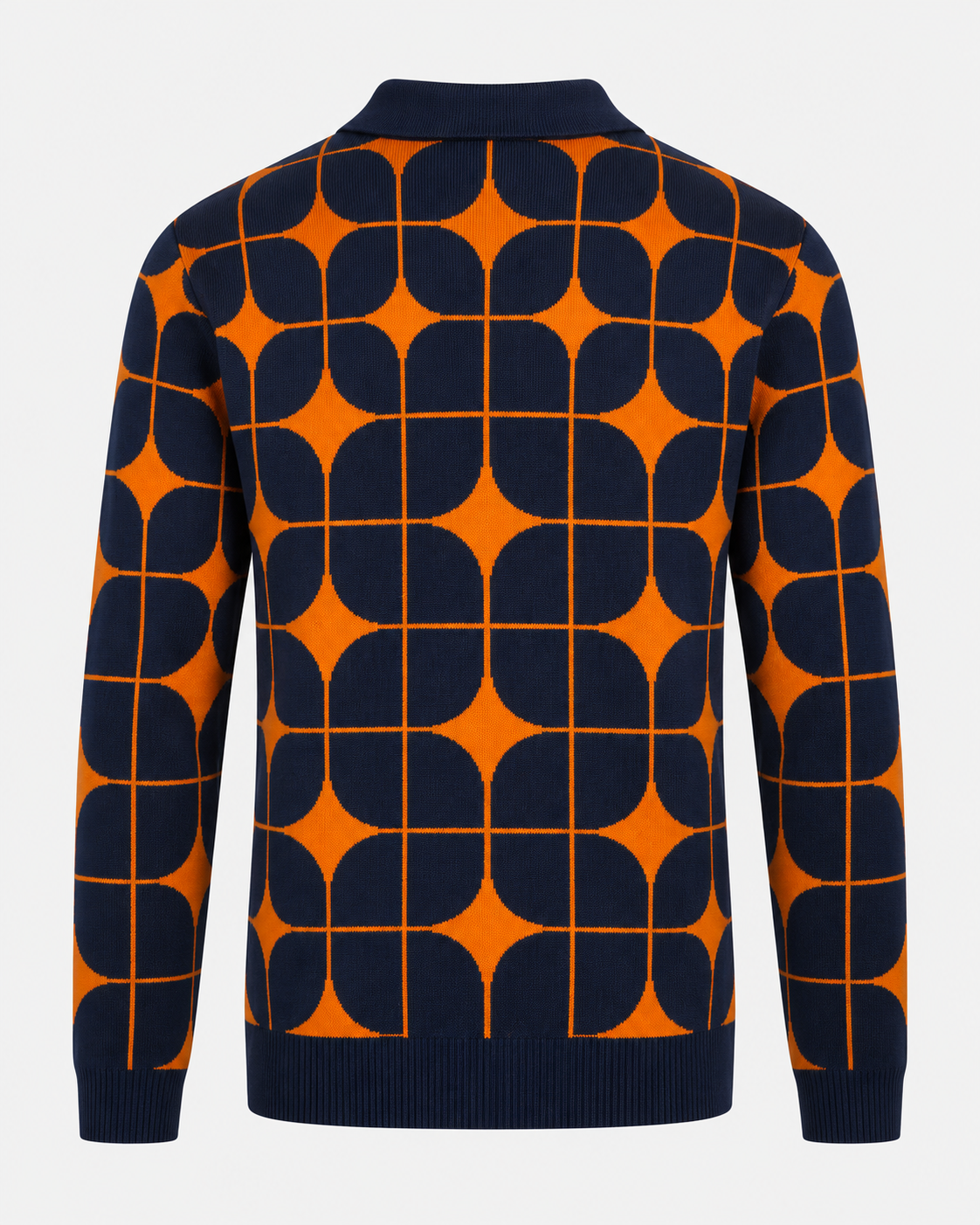 Melle Gebreid Polo Vest marineblauw met oranje geometrisch patroon – achteraanzicht
