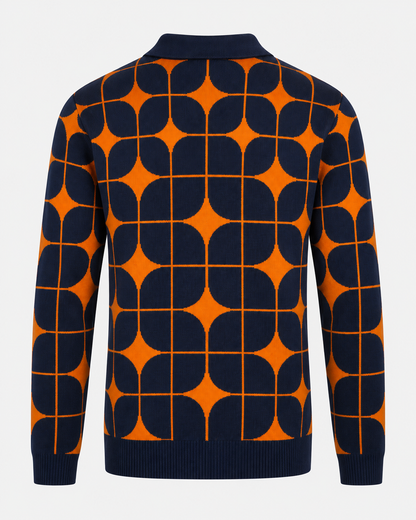 Melle Gebreid Polo Vest marineblauw met oranje geometrisch patroon – achteraanzicht