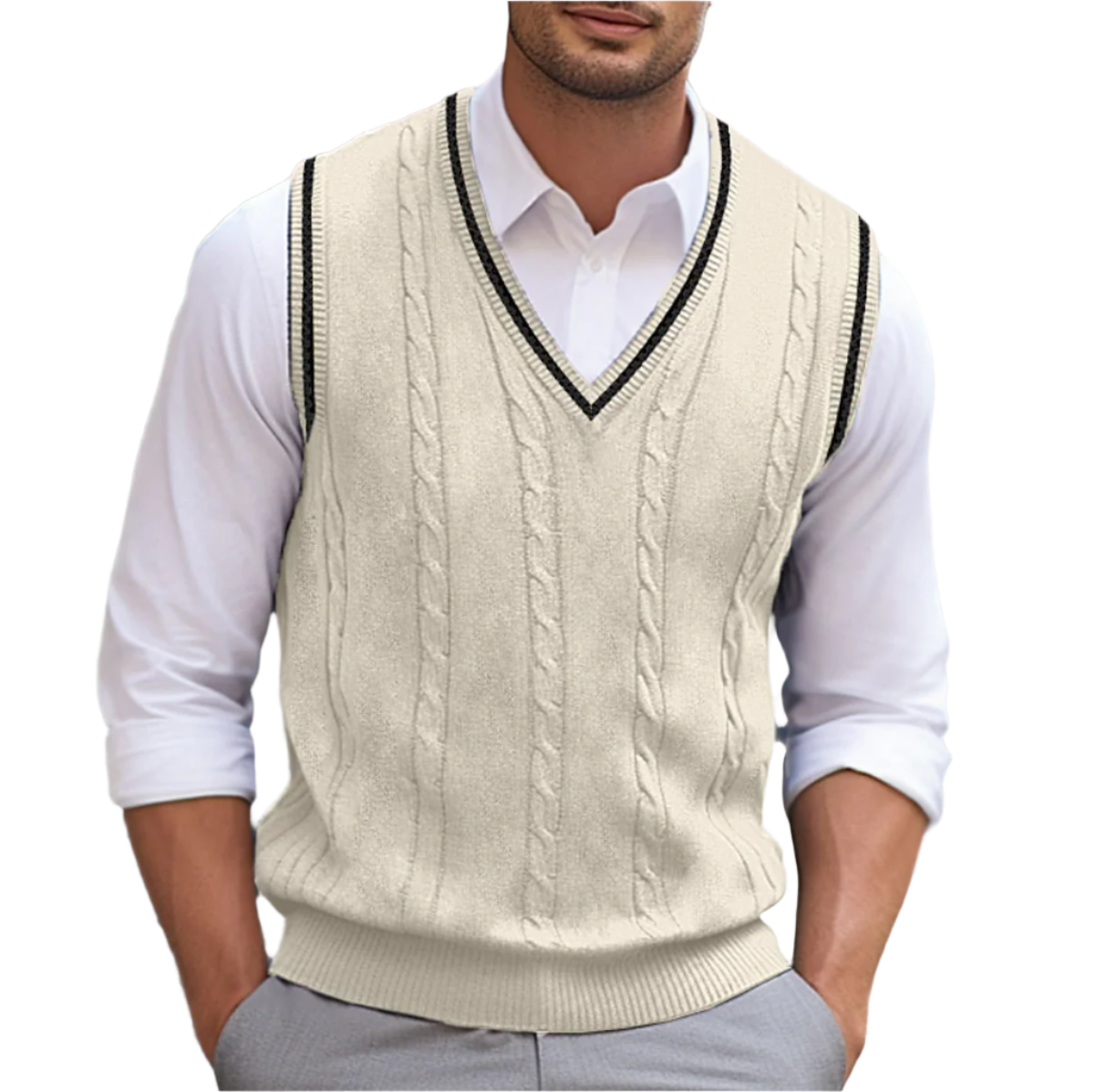 Voorbeeld van het Nils mouwloze vest in beige, perfect voor een zomerse look.