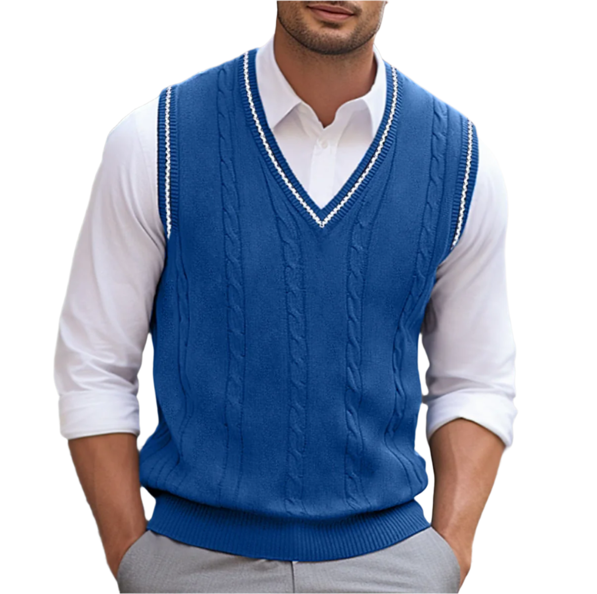 Detailopname van de V-hals en textuur van het Nils mouwloze vest in blauw.