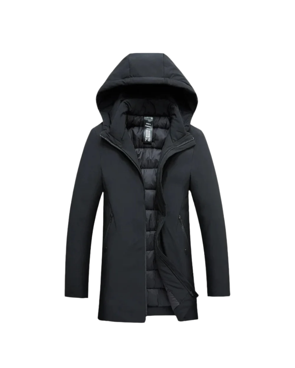 Zijaanzicht van de grijze Noah winterjas, gedragen door een man in een stedelijke omgeving, toont de tailored fit.