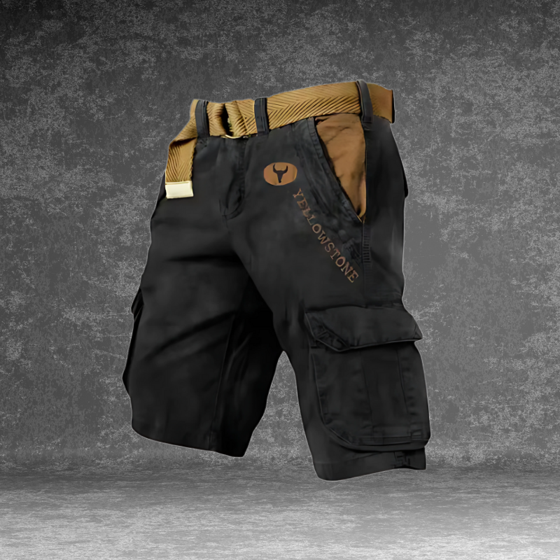 Close-up van de stof en zandkleurige accenten van de Noel cargoshorts