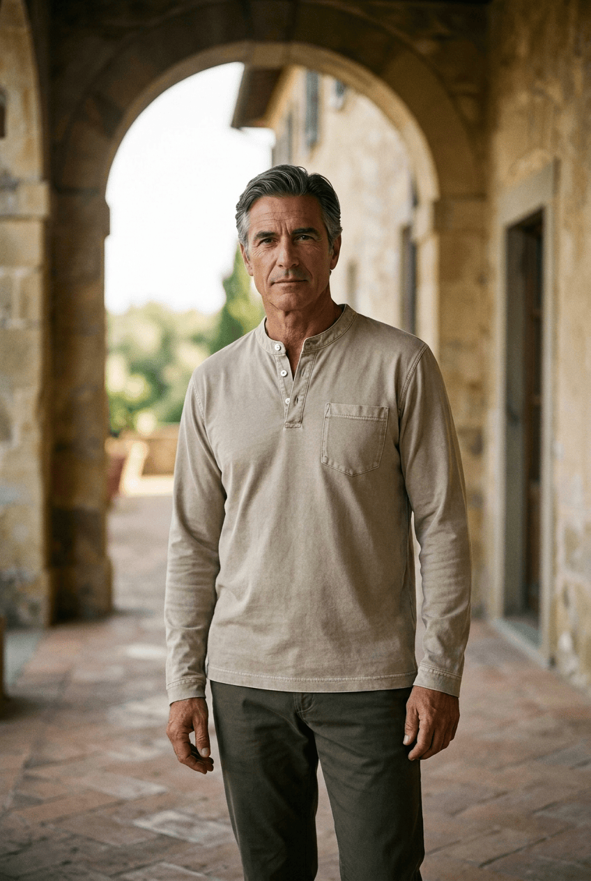 Otis comfortabel Henley shirt in lichtgrijs, vooraanzicht, met opstaande kraag en drieknoopsluiting.