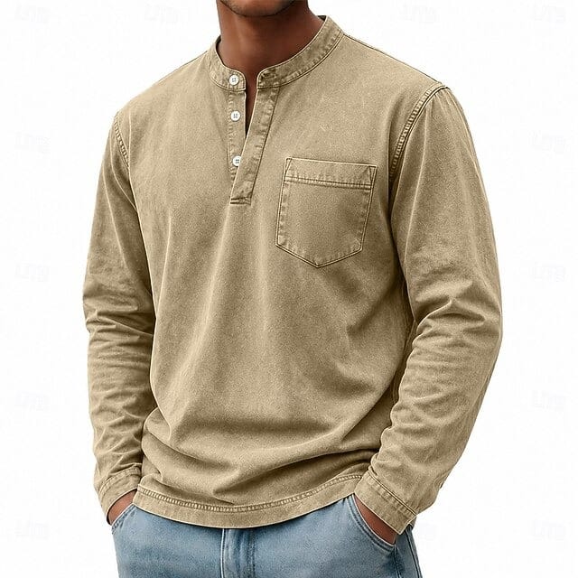 Otis Henley shirt in een klassieke zwarte kleur, volledig vooraanzicht, met zichtbare borstzak.