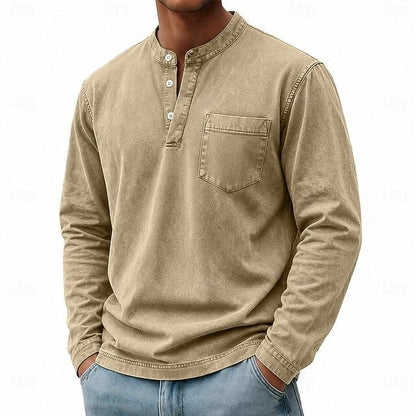Otis Henley shirt in een klassieke zwarte kleur, volledig vooraanzicht, met zichtbare borstzak.