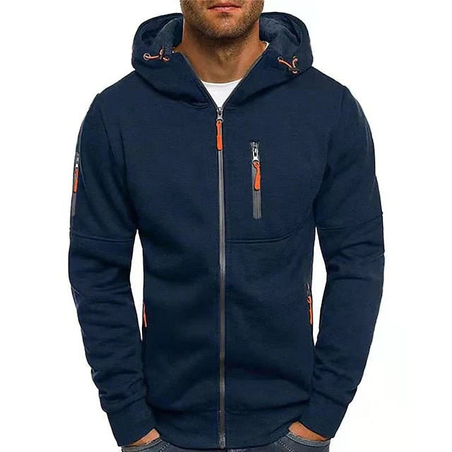 Close-up van de hoogwaardige stof van de Otto hoodie in marineblauw, met detail van de getailleerde pasvorm.