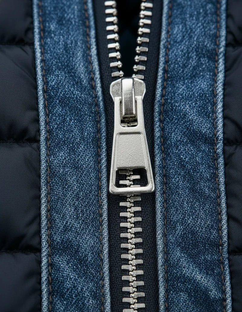 Detail van de binnenvoering van de Guus denim jas, benadrukt de isolerende en windafstotende eigenschappen.
