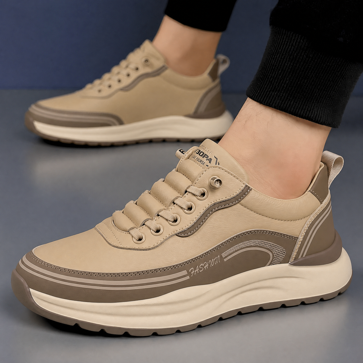 De witte Aris leren sneakers op een neutrale ondergrond, van bovenaf gefotografeerd voor een helder overzicht.