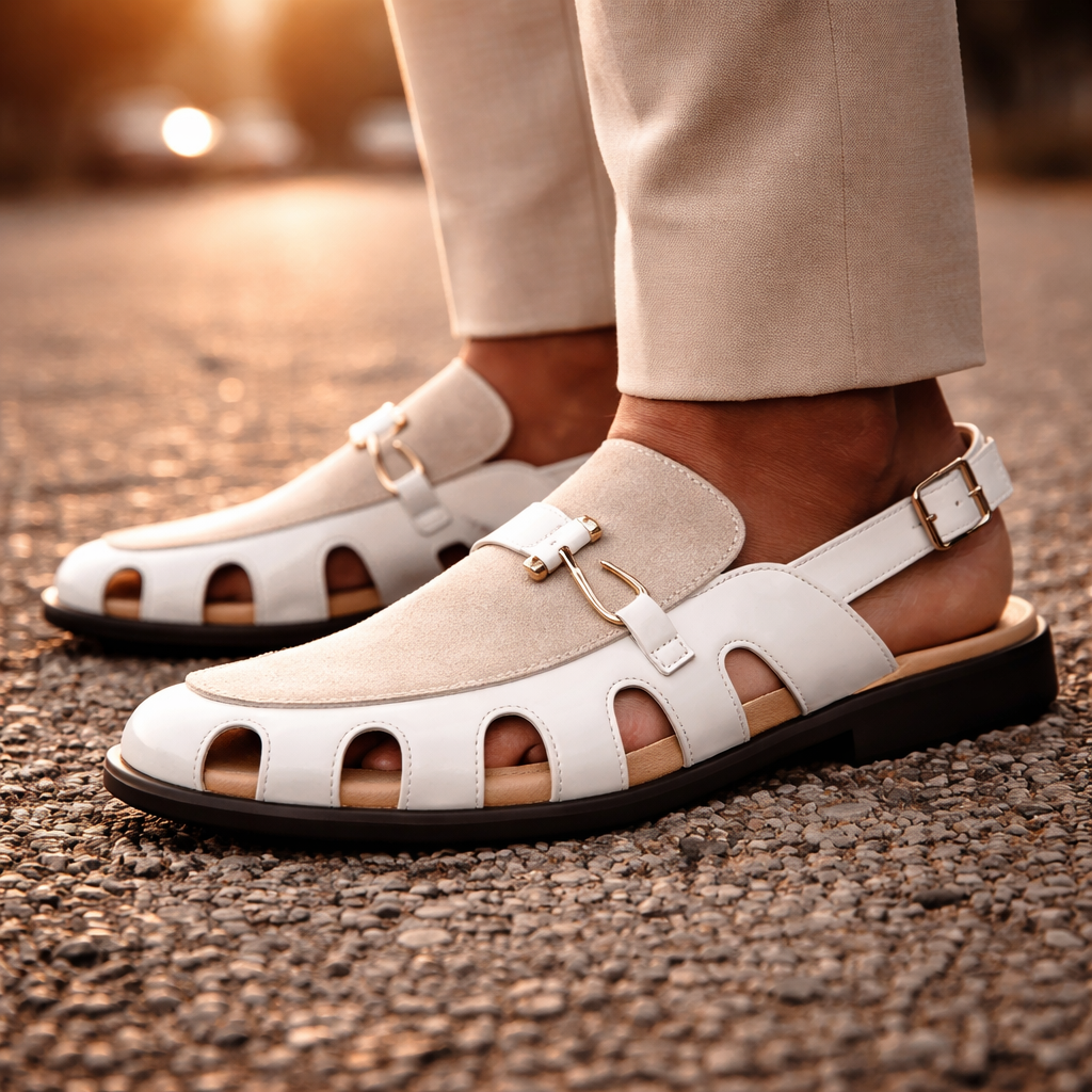 Close-up van de ergonomisch gedempte zool van de Reuben leren slingback sandaal.
