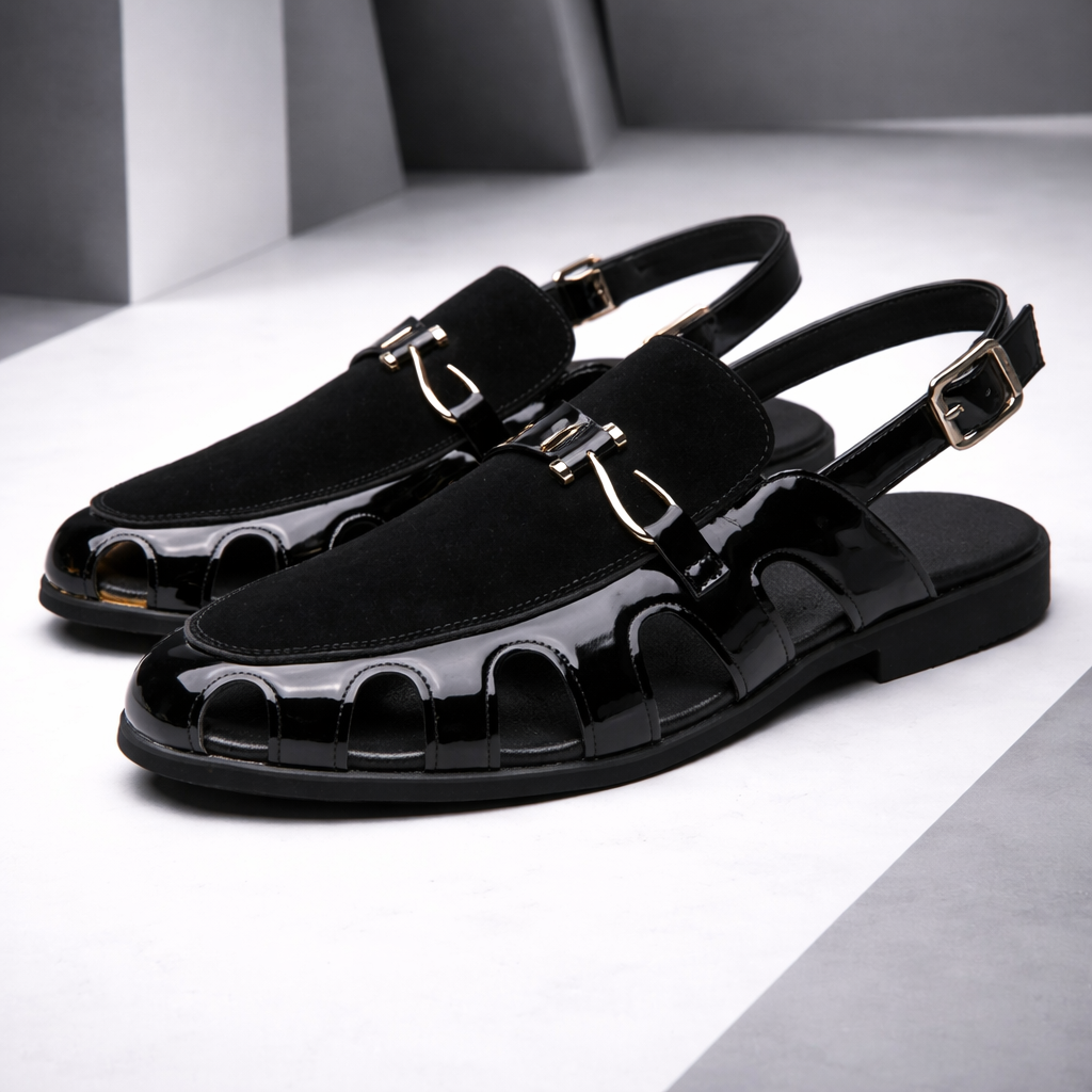 Model draagt Reuben leren slingback sandalen met een casual zomeroutfit, lopend over een pad.
