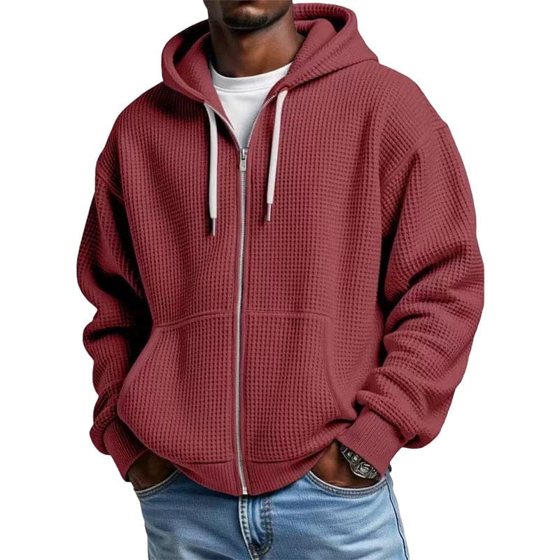 Achteraanzicht van de witte wafeltextuur hoodie met rits, met aandacht voor de verlaagde schouders en de snit.