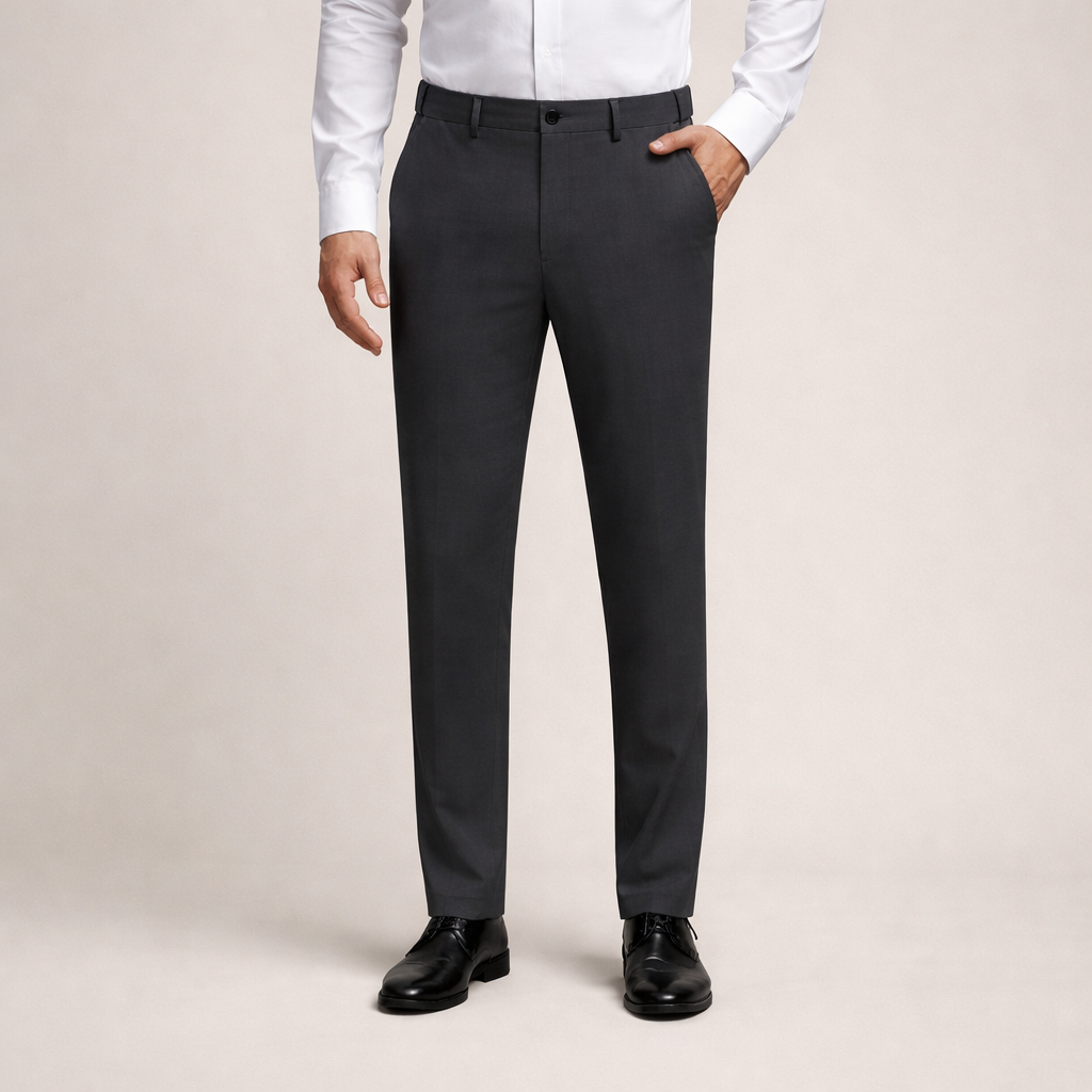 Volledig zicht op de donkerblauwe Sten Trousers, elegant gedragen met een wit overhemd, perfect voor een professionele look.