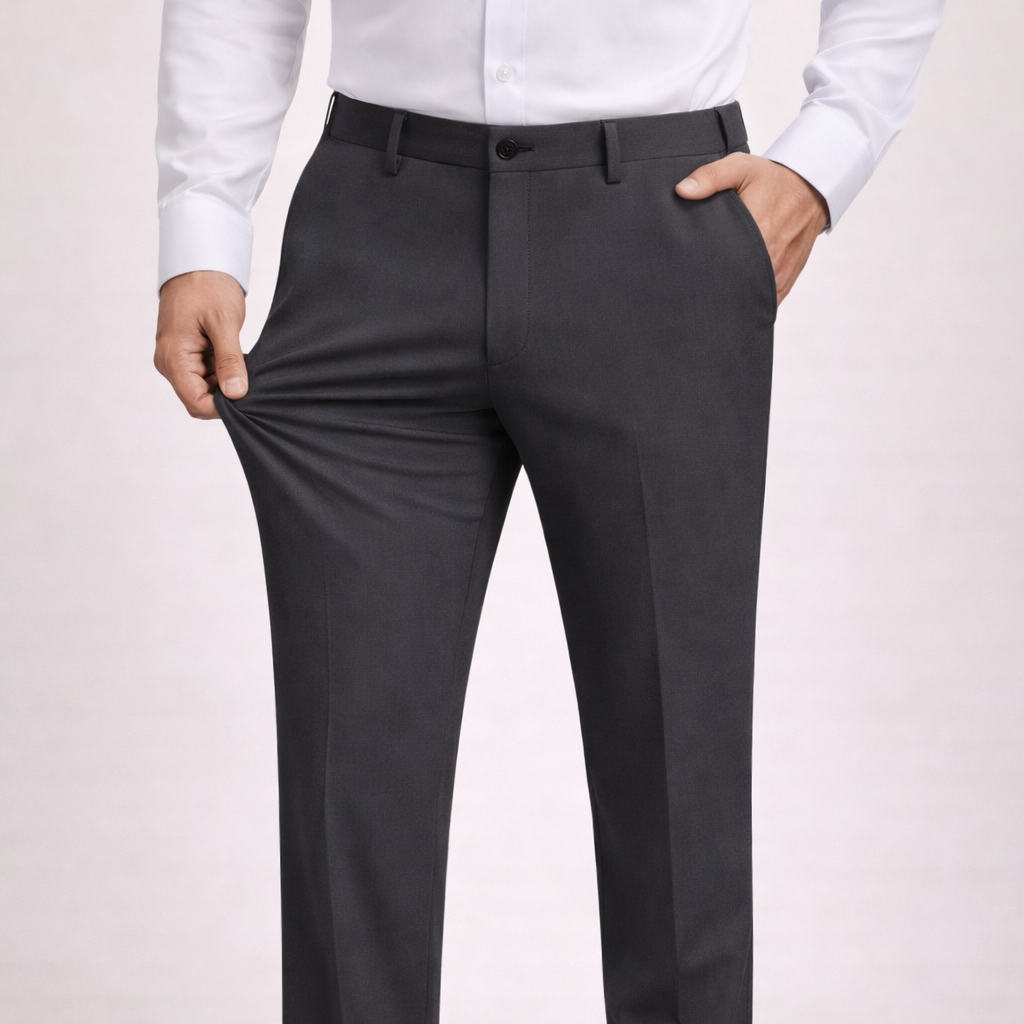 Detailopname van de tailleband en plooien van de grijze Sten Trousers, die de hoogwaardige afwerking en het stretchmateriaal benadrukt.